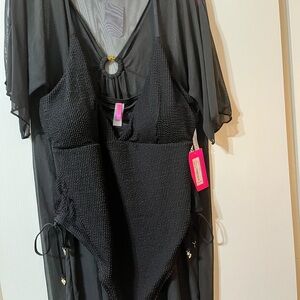 Betsey Johnson Black Textured One-Piece with Sheer Cover-Up